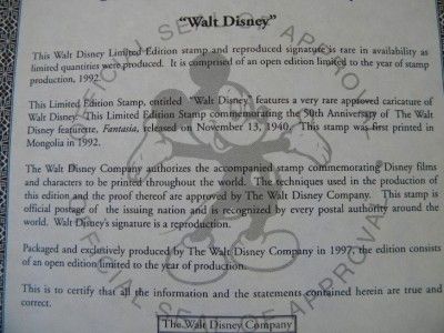 Walt Disney Caricature Fantasia Signature Stamp Framed Art Limited 
