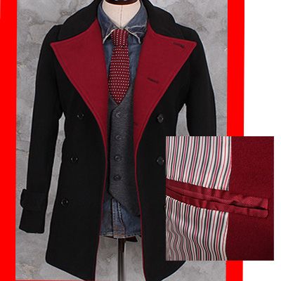 Bros Mens Woolen Casual Red Collar Double Pea Coat BLACK / RED SZ S~XL 