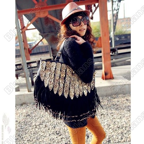 Leopard Tassels Laptop Satchel Bag Womens Faux Leather Shoulder bag 