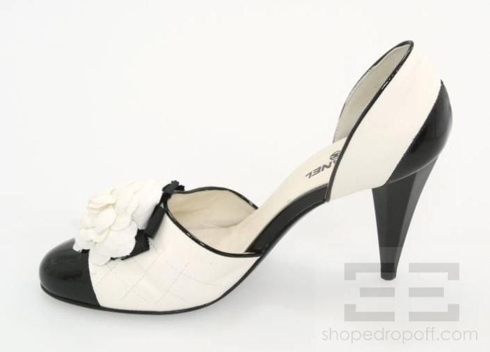   White Leather & Black Patent Camellia DOrsay Heels Size 39  