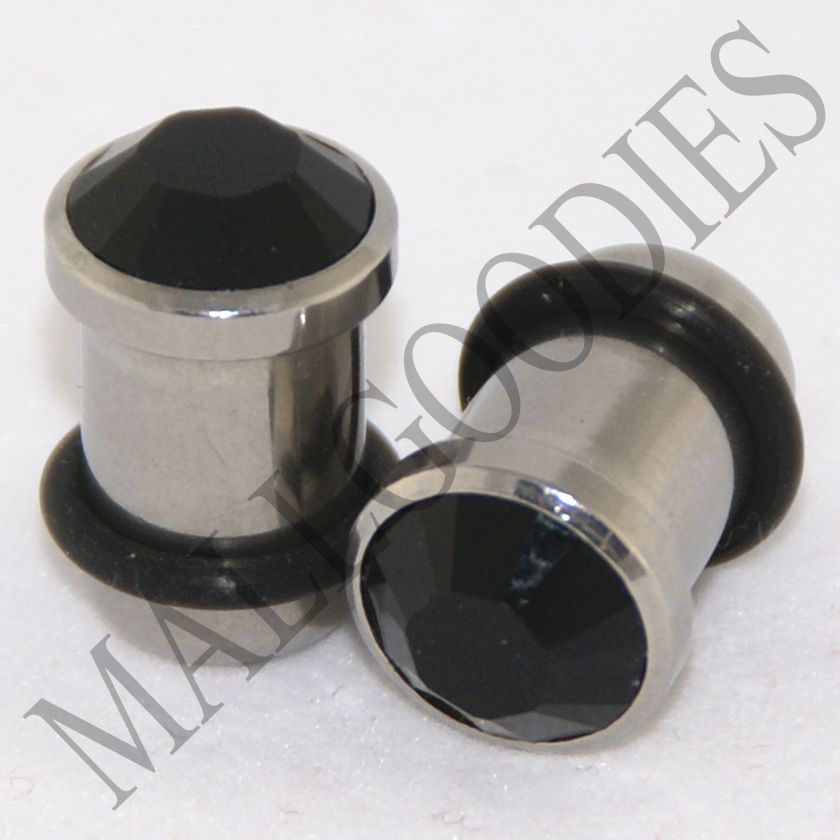 0328 Steel Solid Black Crystal Ear Plugs 0 Gauge 0G 8mm  