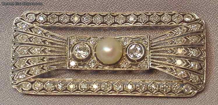 Antique Art Deco Diamonds Pearl 18K WG Brooch  