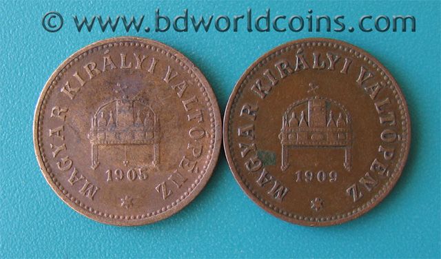 LOT OF (2) HUNGARY TWO 2 FILLER 1905 KB + 1909 KB 19mm BRONZE 