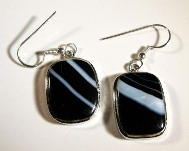 MEXICAN ONYX BANDED AGATE SS DANGLE EARRINGS 1 7/8  