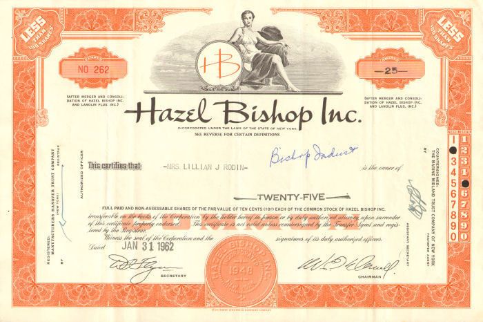 Hazel Bishop  cosmetics lipstick stock certificate  