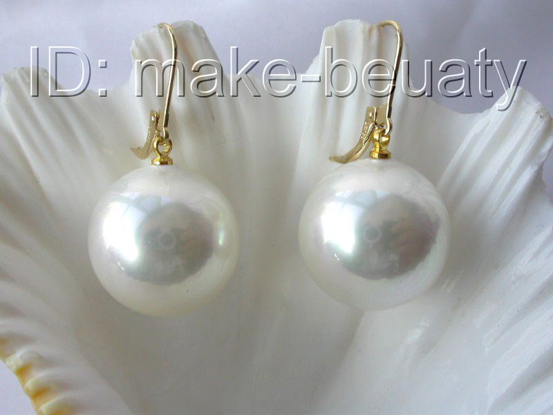 stunning big 20mm round white south sea shell pearl dangle earrings 