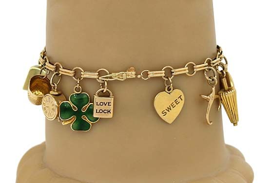 EXQUISITE VINTAGE 14K GOLD CHARM BRACELET W/ 17 CHARMS  