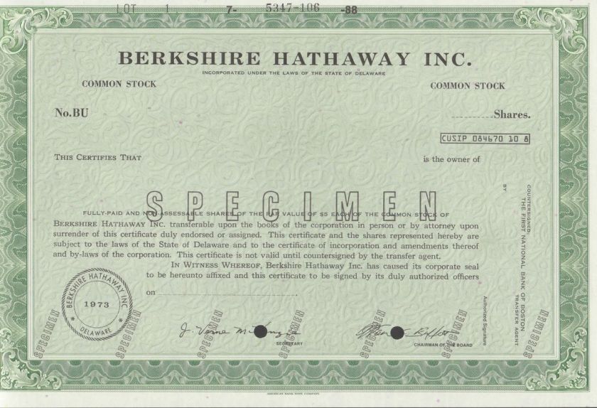 BERKSHIRE HATHAWAY INC STOCK SPECIMEN W/ WARREN BUFFET FACSIMLE 