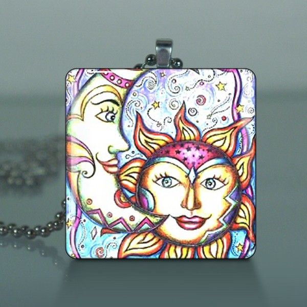 Sun & Moon Celestial Glass Tile Necklace Pendant C65  