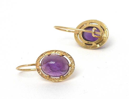 FINE DANGLING 14k GOLD OVAL CABOCHON AMETHYST EARRINGS  