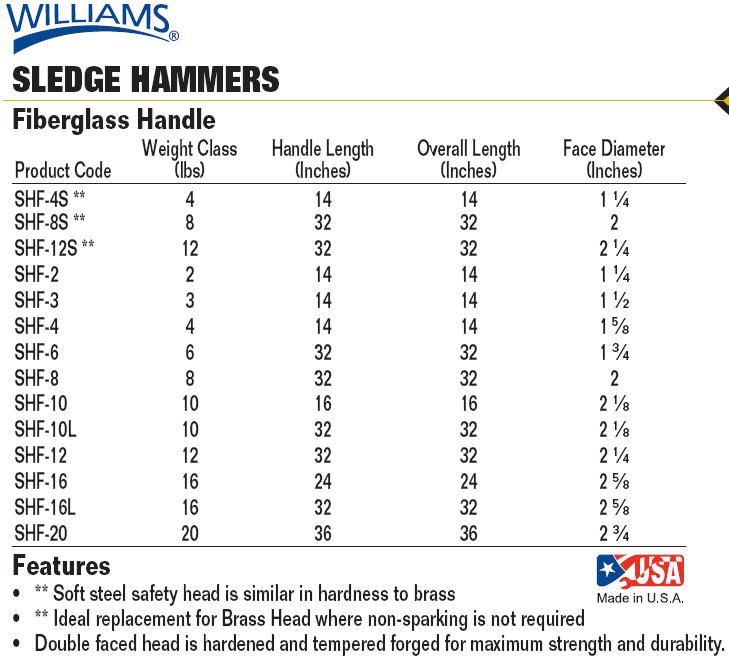   WILLIAMS SLEDGE HAMMER, FIBERGLASS HANDLE, MADE IN USA, 8 LB., #SHF 8