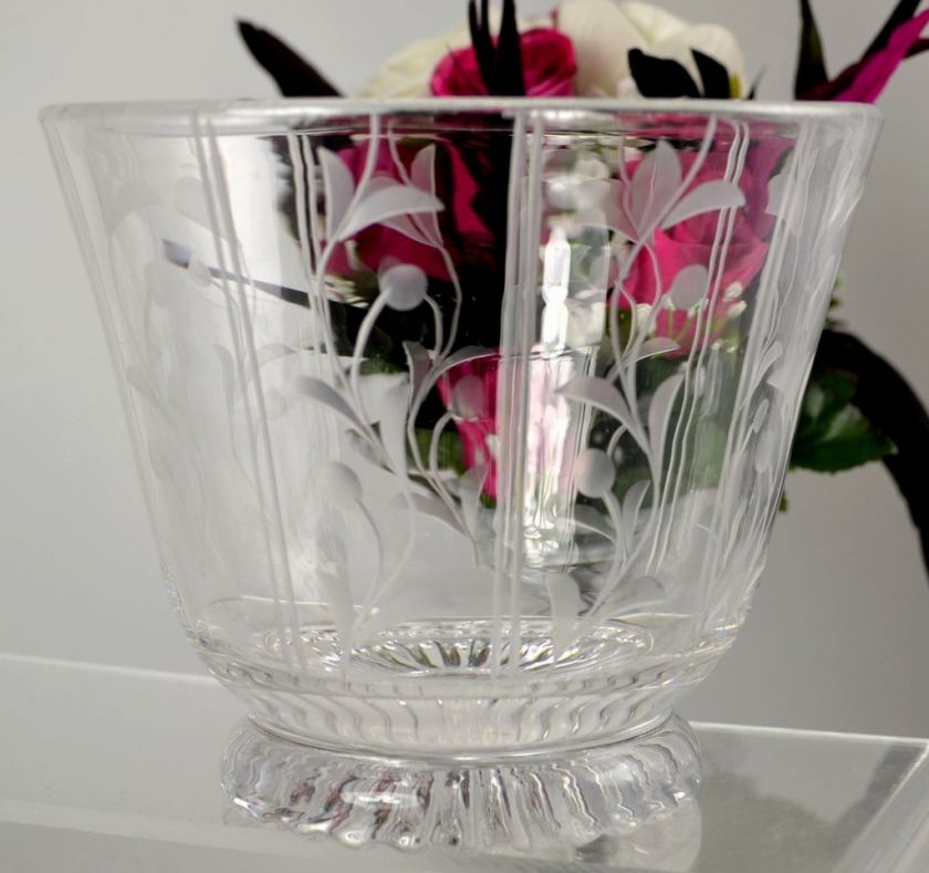 STUART CRYSTAL VASE ETCHED VINES AND BERRIES   SUPERB  