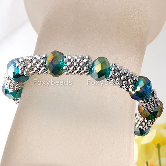 New Peacock Crystal Glass Flower Alloy Spacer Beads Bracelet Bangle 7 