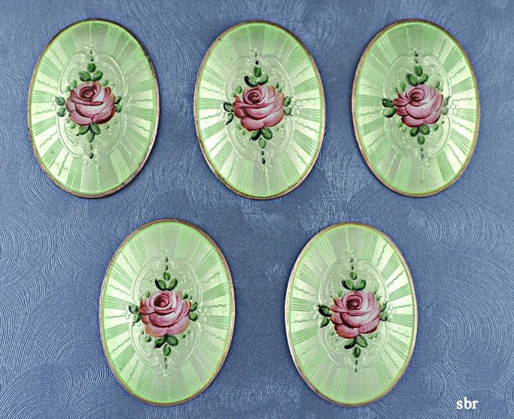 Green Guilloche Enameled Hand Painted Rose Plaques  