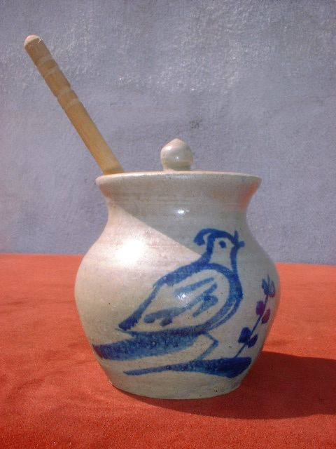 Stoneware Honey Pot with Lid Blue Decorated Bird  