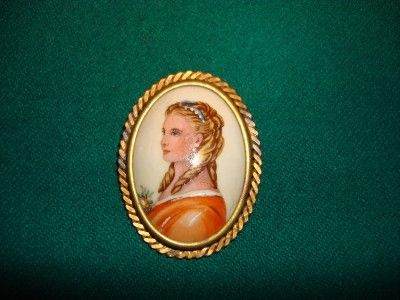 ANTIQUE LIMOGES PAINTED PORCELAIN LADY PORTRAIT BROOCH  