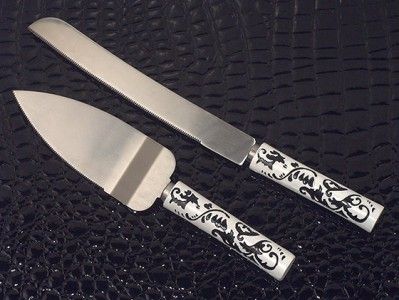 4pc BLACK & WHITE DAMASK Wedding Cake Knife Severing Set & Toasting 