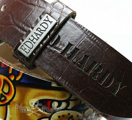 ED Hardy Mens Belt Bulldog Brown LEATHER NWT L  