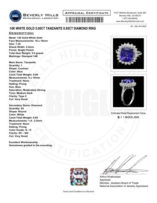 11800 CERTIFIED 14K WHITE GOLD 5.00CT TANZANITE 0.85CT DIAMOND RING 