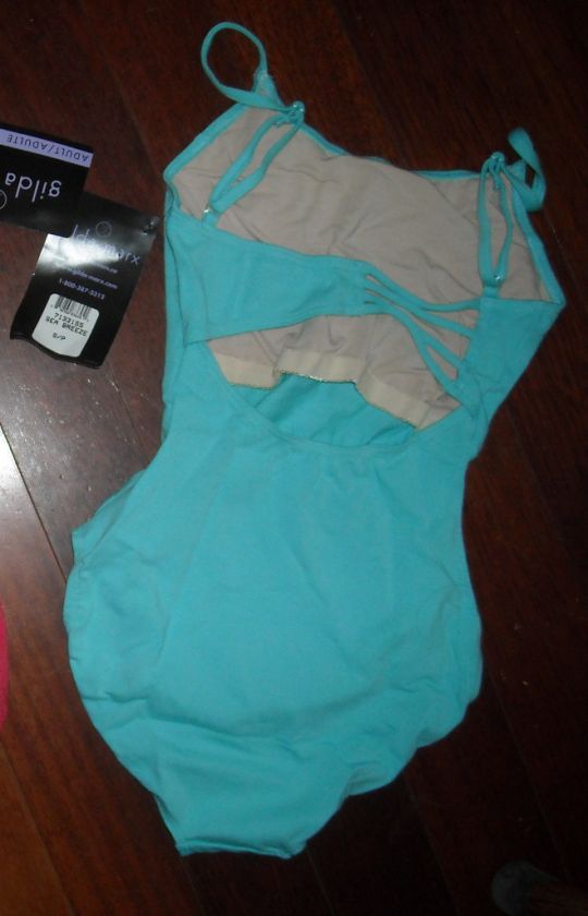 NWT Ladies Asymmetrical strappyback leotard aqua 3strng  