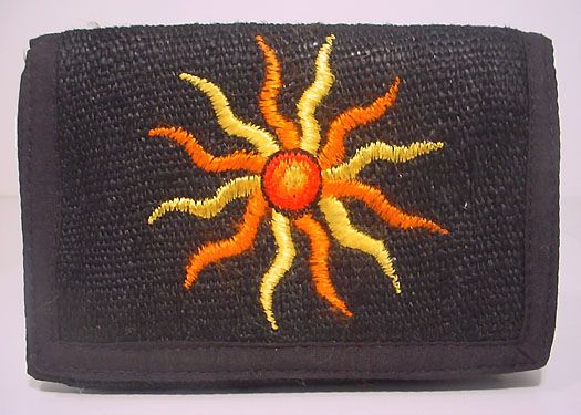 are sun wallets with orange gold or brown suns and dyed hemp wallets 