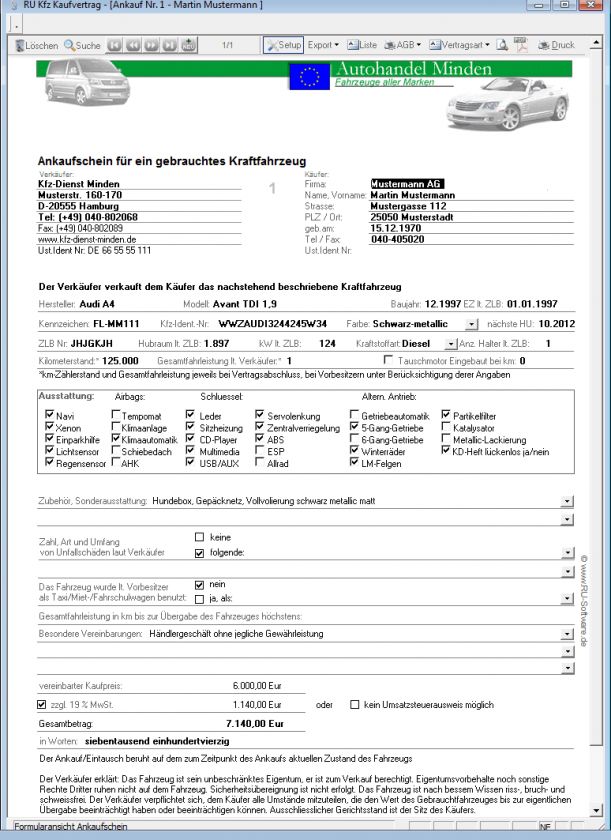 Autohändler Kaufvertrag Software, KFZ Handel Programm  