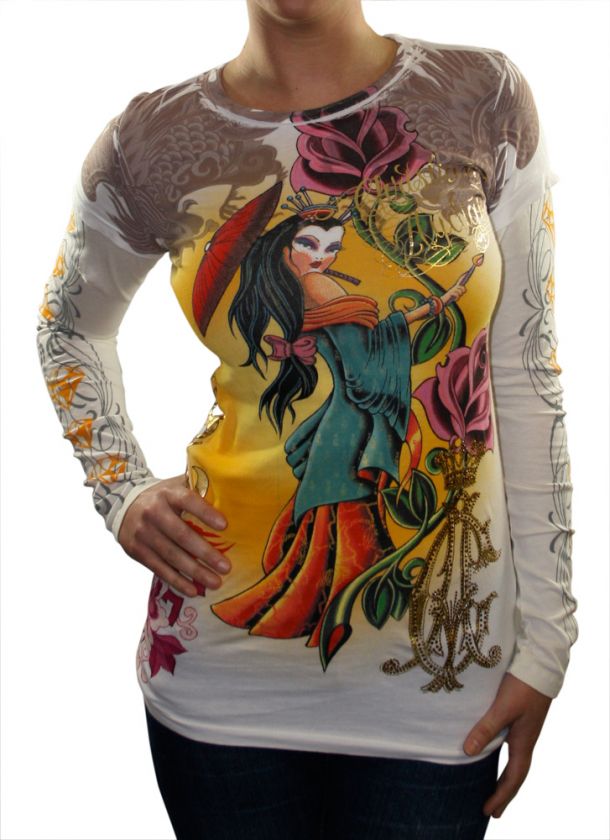 CHRISTIAN AUDIGIER Ed Hardy Geisha Double Long Sleeve Tattoo Womens 