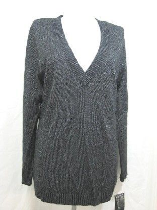 NY COLLECTION $54 Black Metallic V  Neck Sweater   Sz M  