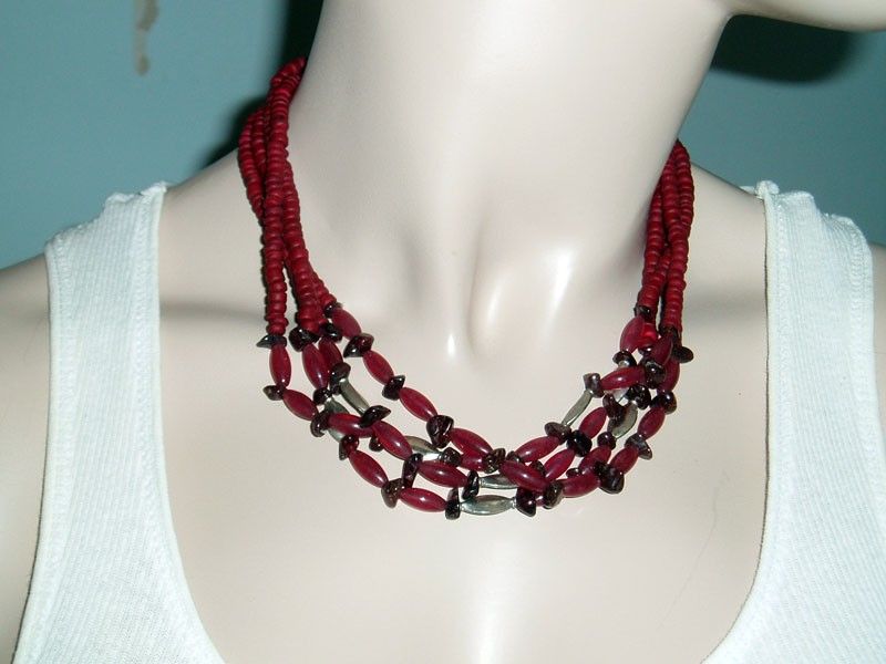 Express Silver & Burgundy Multi Strand Necklace Choker  