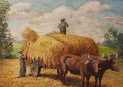 AMERICAN REGIONALIST WOODSTOCK NY FARM LANDSCAPE COW SPREADING HAY OIL 