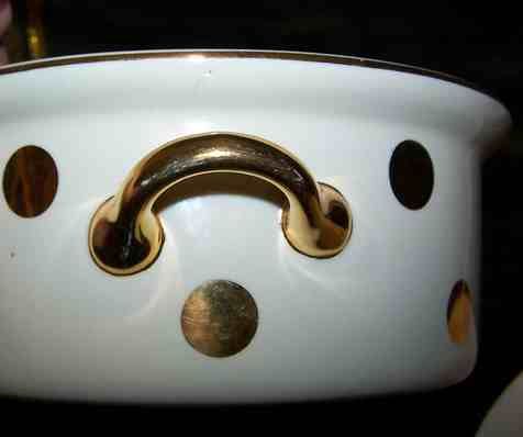 HALLS COVERED CASSEROLE DISH Gold Polka Dot  