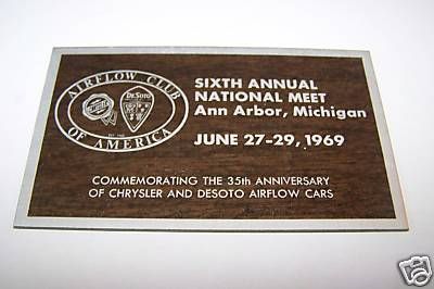 1969 CAR METAL PLAQUE   AIRFLOW CLUB   ANN ARBOR MI  