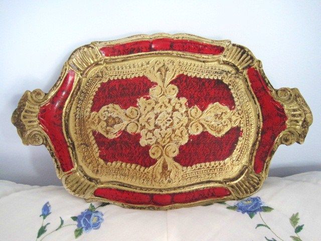 Gold Dark Red Vintage Italian Florentine Wood Tole Toleware Dresser 