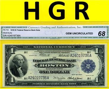 HGR 1918 $1 FRBN Green Eagle CGA SUPERB GEM 68  