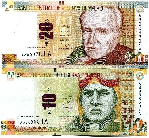 PERU 10 20 Nuevos Soles 2009 P New UNC set 2 pcs  