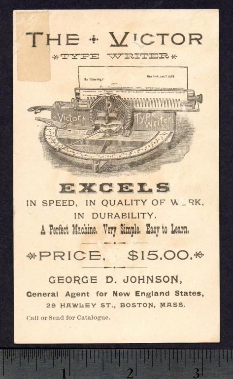 1800s Victor Typewriter TRADE CARD Boston Agent = RARE  