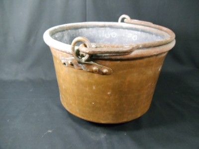 ANTIQUE COPPER BRASS PRIMITIVE KETTLE POT RIVITED HANDLE VINTAGE 1900 