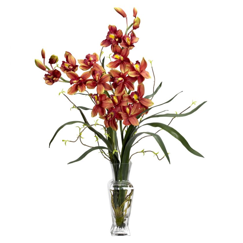 NEW LARGE 30 ARTIFICIAL SILK CYMBIDIUM BURGUNDY FLOWER ARRANGEMENT w 