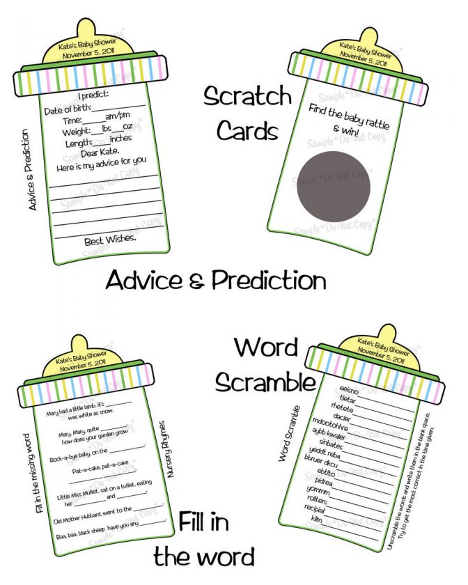 Baby Bottle*Baby Shower Games*Advice, Bingo, Scramble, Scratch cards 