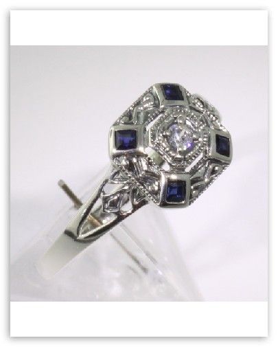 Art Deco Style Sapphire CZ Filigree Ring Sterling Sz 7  
