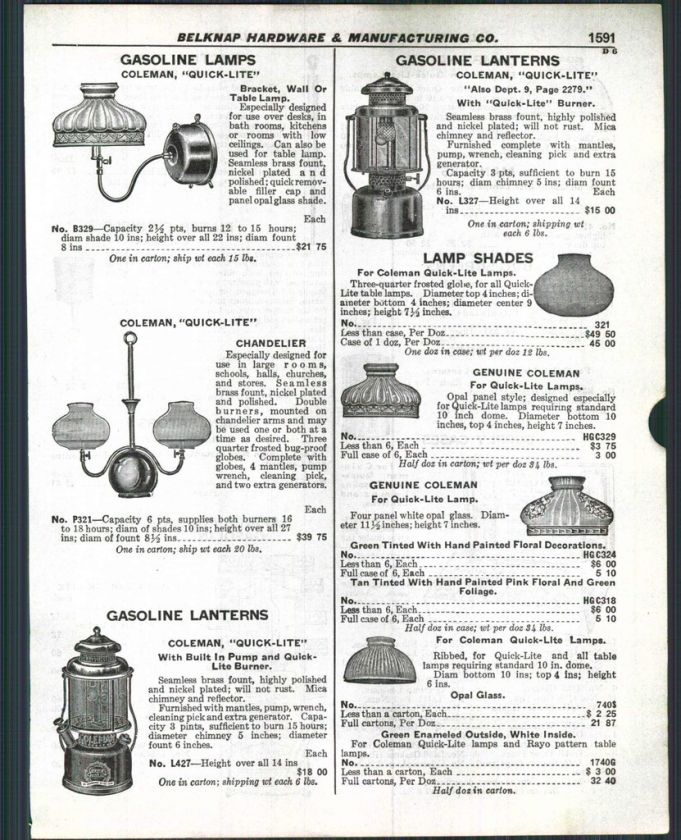 1929 ad Coleman Quick Lite Gasoline Chandelier Shades  