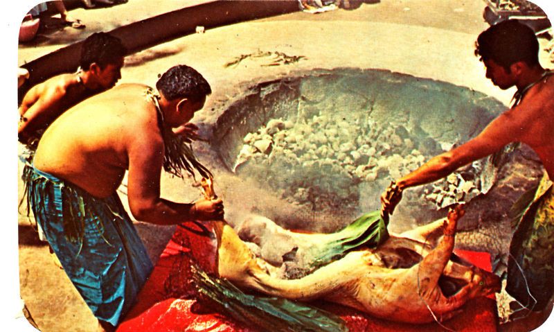 1950s Luau, the pig cooked in the imu Hawaii  