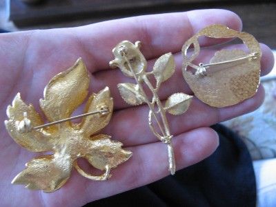 Vintage Goldtone Leaf, Rose & Enamel Flower Brooch Lot  