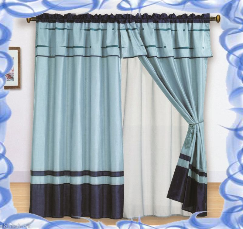8PC Geo Link Faux Silk Blue / Slate Curtain Set  
