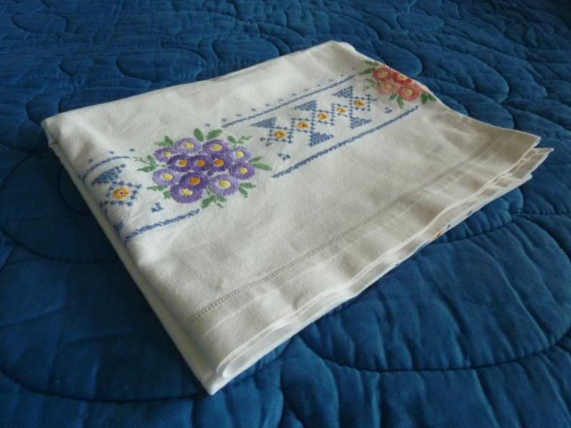 Vintage white cotton embroidered floral tablecloth  