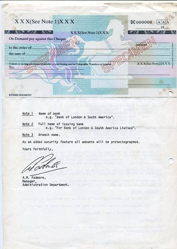 SPECIMEN LLOYDS BANK CHEQUE INTERNATIONAL DRAFT   RARE  