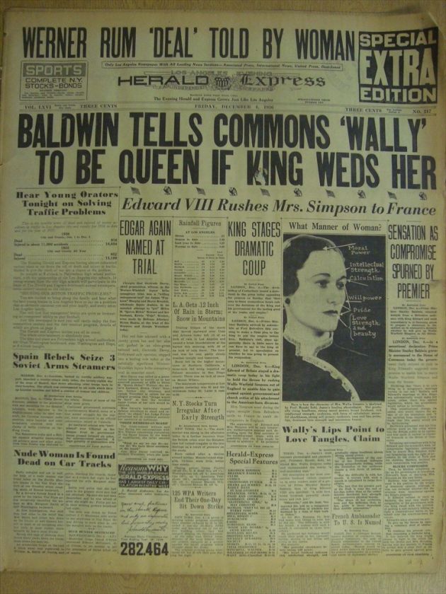 2608107WQ UK BALDWIN WALLIS SIMPSON QUEEN EDWARD VIII DECEMBER 4 1936 