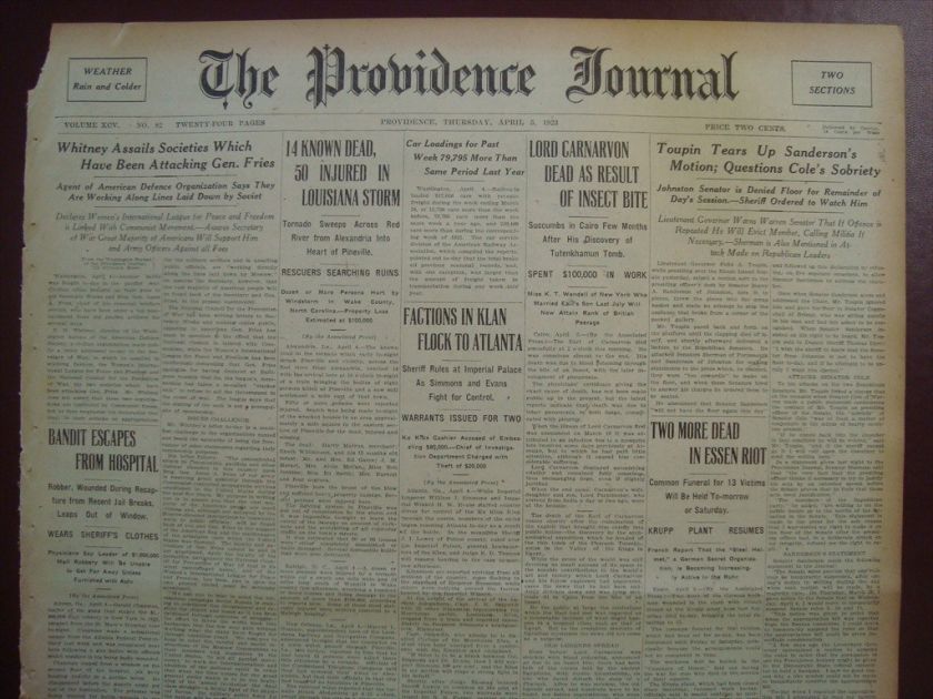   CURSE TUTANKHAMUN LORD CARNARVON DEAD INSECT BITE NEWSPAPER APRIL 1923