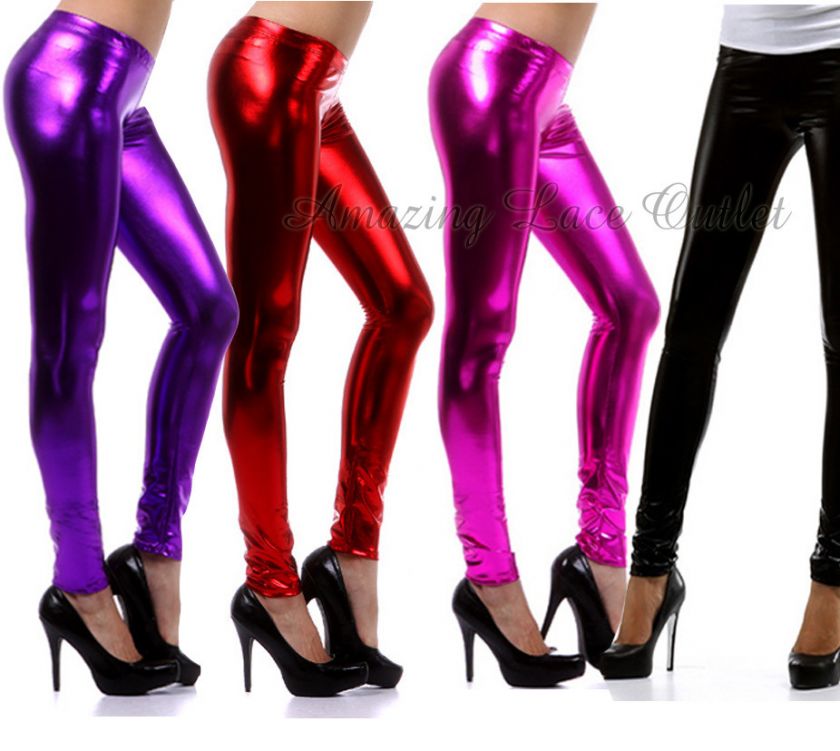 LEGGINGS Wet Look Metallic Vinyl 80s Liquid Foil Pants  