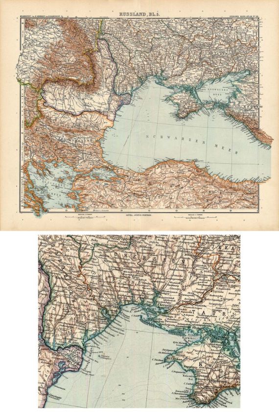 1905 STIELER Map of Ukraine, Moldova, Romania, Bulgaria  